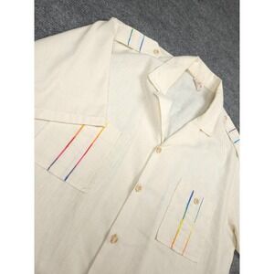 Vintage Barefoot Paradise Hawaiian Shirt Men's XL Beige Button Rainbow USA WOW